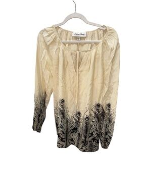 Fifteen twenty ivory black peacock feathers print tunic top SILK M